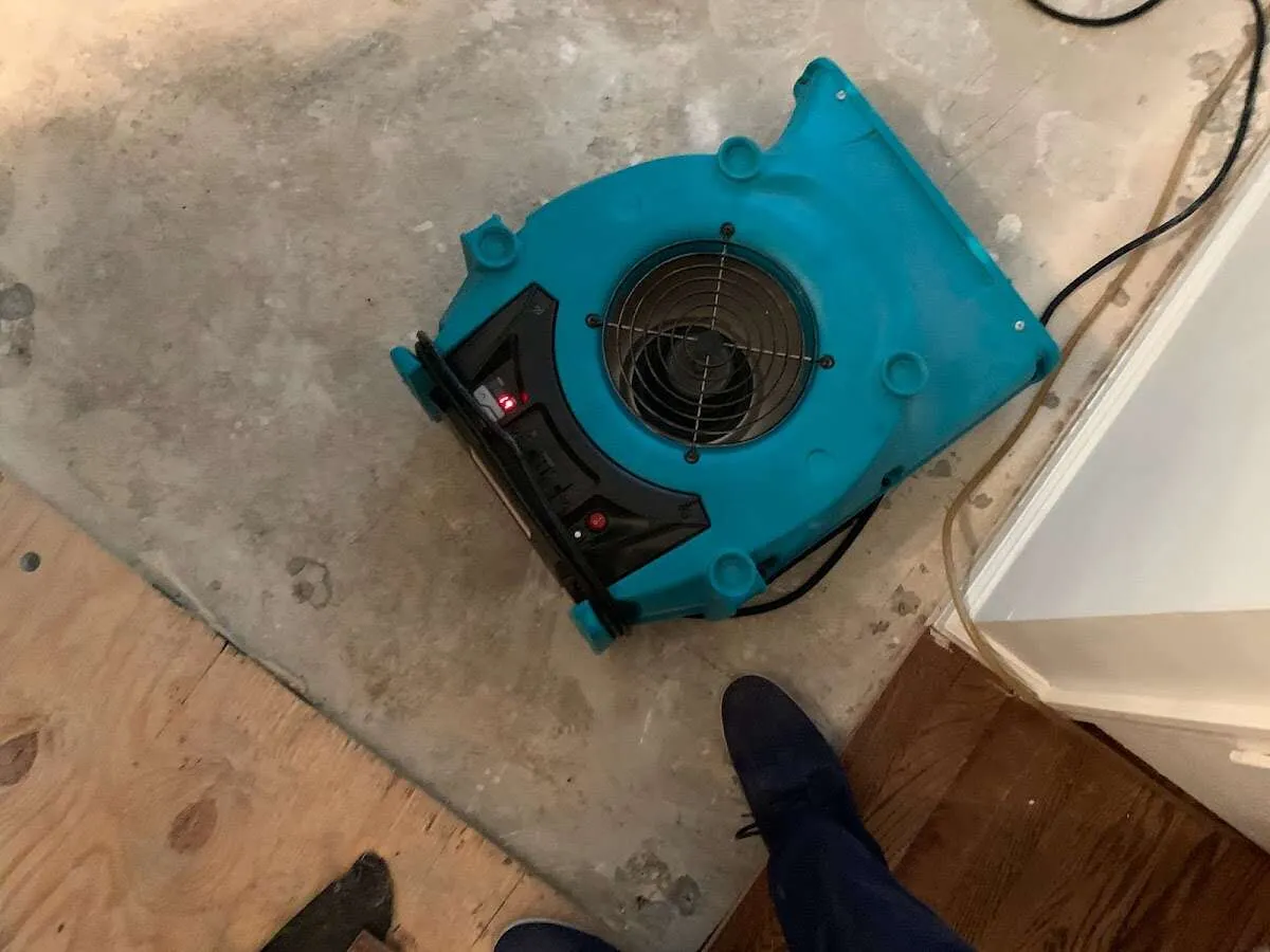 Air mover drying subfloor during Leak Detection & Repair in East Bay